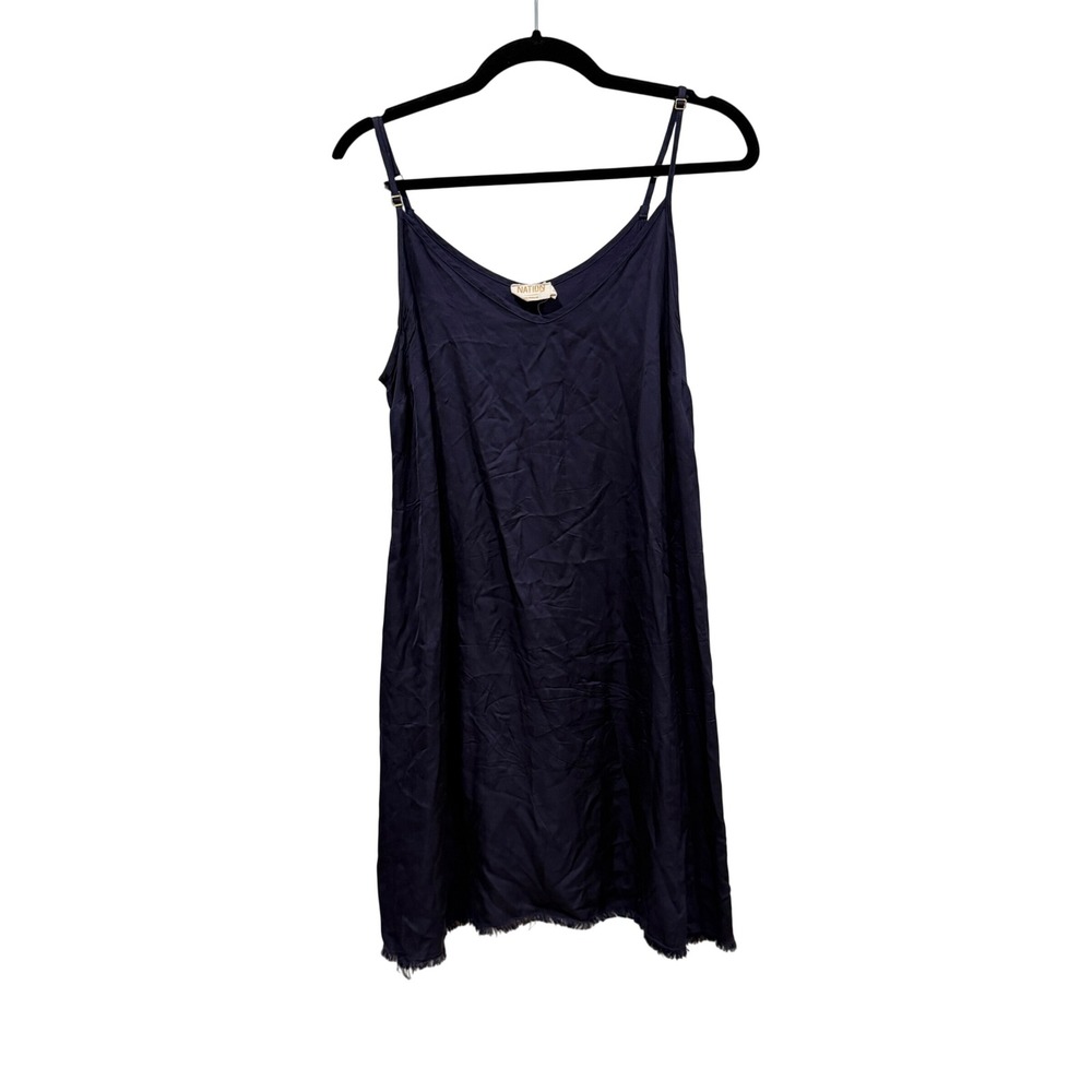 Nation LTD Navy Blue Viscose Slip Dress Raw Fringe Hem V-Neck‎ Medium 5064SA